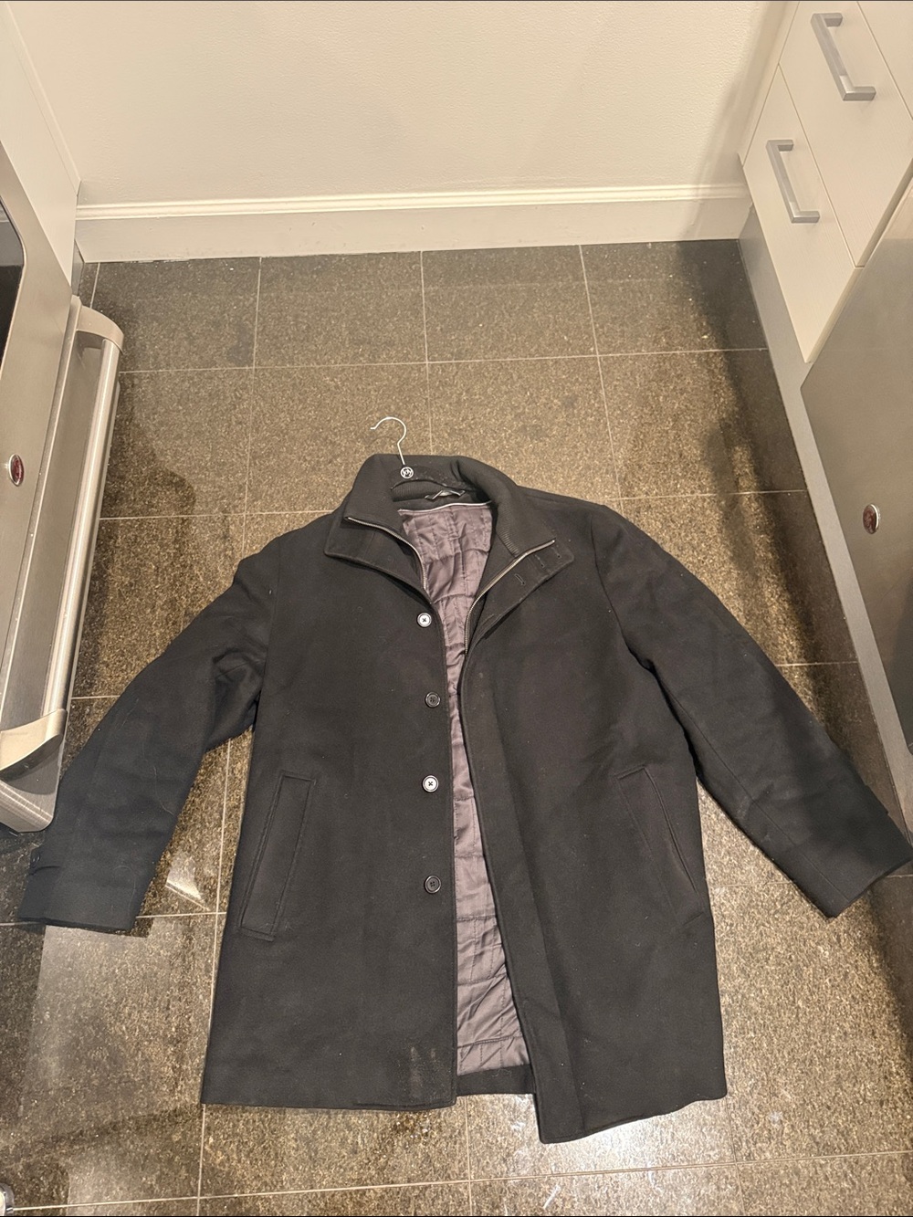 Men's Black Wool Blend Overcoat with Quilted Inner Lining